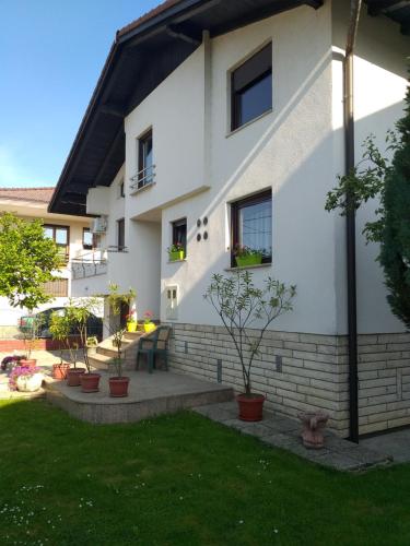 biały dom z doniczkowymi roślinami na podwórku w obiekcie Villa Behić w mieście Bihać