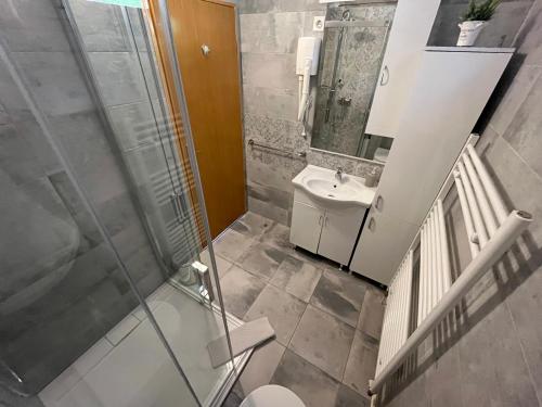 y baño con ducha, lavabo y aseo. en Apartment Familie Matovina, en Poljanak