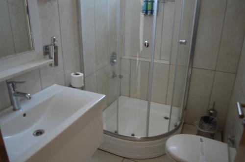 a bathroom with a shower and a sink and a toilet at BAL Mini Hotel in Tirebolu