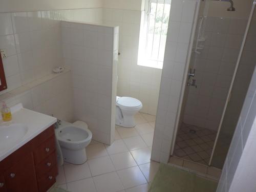 uma casa de banho com um chuveiro, um WC e um lavatório. em Haute Crécerelle em Pereybere