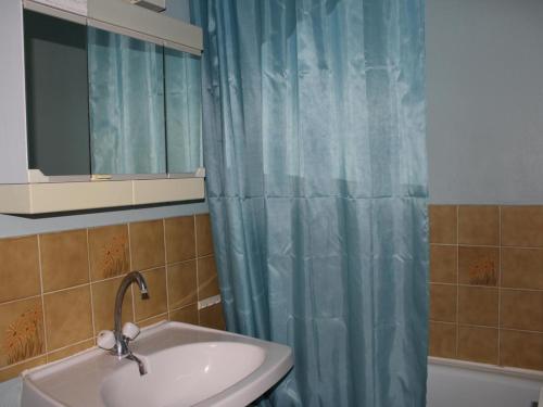 La salle de bains est pourvue d'un lavabo et d'un rideau de douche bleu. dans l'établissement Studio à Gruissan, 2 couchages, piscine, proche plage et commerces - FR-1-229-106, à Gruissan