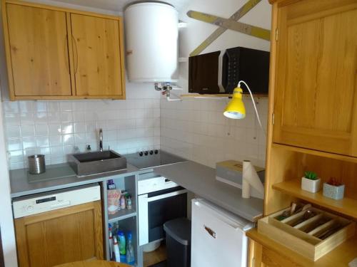 mała kuchnia ze zlewem i kuchenką w obiekcie Appartement au cœur du village avec parking privé w mieście Mijoux