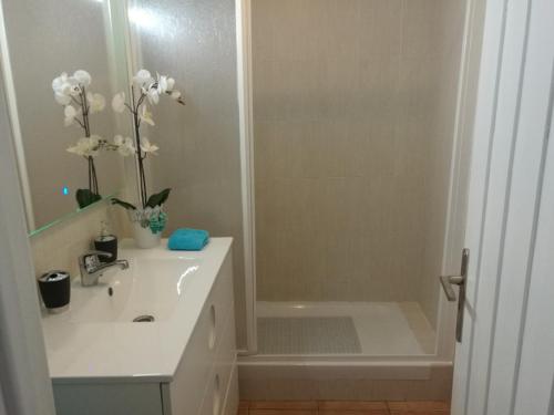 W łazience znajduje się biała umywalka i prysznic. w obiekcie Casa ao Mar w mieście Monte Gordo