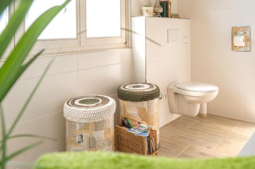 a bathroom with a toilet and two trash cans at Zeighaus Murtal in Fohnsdorf