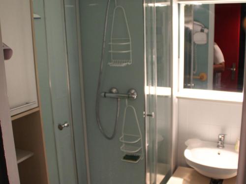 une salle de bain avec une douche avec des toilettes et un lavabo dans l'établissement Studio cabine 4 personnes, Valloire - Balcon, parking, à 200m des remontées et commerces - FR-1-263-3, à Valloire
