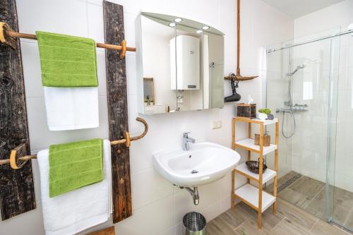 a bathroom with a sink and a shower at Zeighaus Murtal in Fohnsdorf