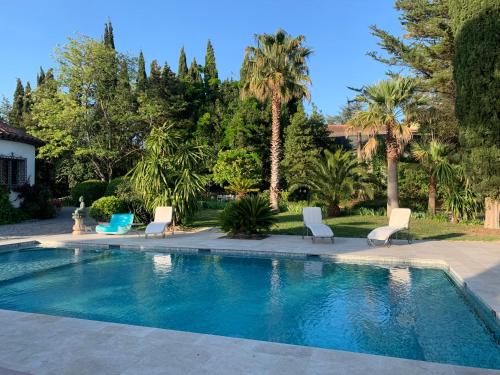 a swimming pool with white chairs and palm trees at Carpe Diem paradise in Mougins
