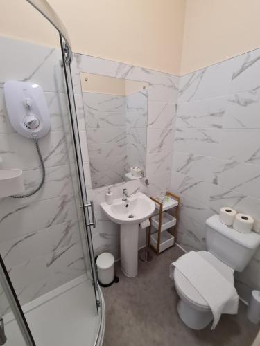 a bathroom with a shower and a toilet and a sink at Meadowside Holiday Apartments in Torquay