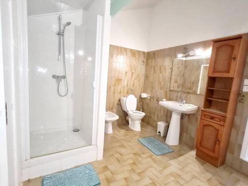 une salle de bain avec une douche, des toilettes et un lavabo dans l'établissement Villa T3 avec Piscine, Jardin et Parking - Proche Plages et Commerces - FR-1-316-219, à Le Brusc