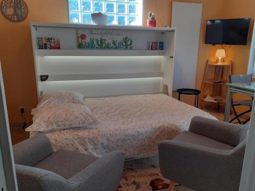 Cette chambre comprend un lit avec deux chaises et une télévision. dans l'établissement Studio avec piscine à la campagne, proche de Vichy - Jardin, Terrasse, WiFi, Draps inclus - FR-1-489-230, à Vendat