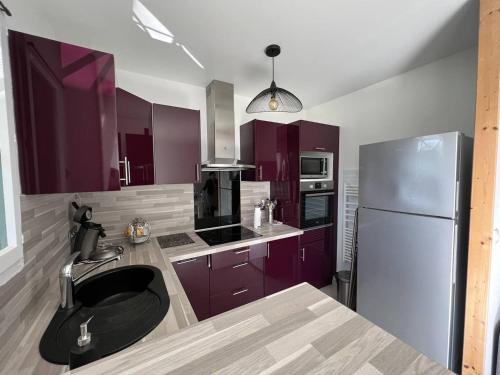 une cuisine avec des placards violets et un réfrigérateur en acier inoxydable dans l'établissement Appartement T2 confortable avec terrasse sud et parking, au calme, proche commerces, petit animal accepté - FR-1-495-6, à Cambo-les-Bains
