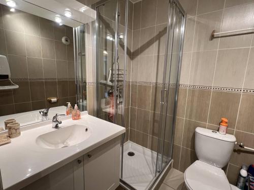 y baño con ducha, aseo y lavamanos. en Appartement Cambo-les-Bains, 2 pièces, 2 personnes - FR-1-495-59, en Cambo-les-Bains