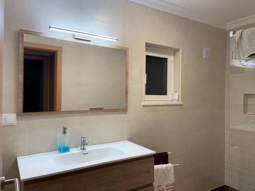 een badkamer met een wastafel, een spiegel en een douche bij Hortas de Baixo in Luz de Tavira