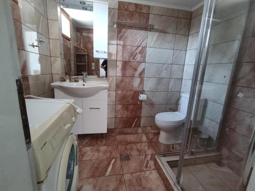 y baño con aseo, lavabo y ducha. en Nemesia resort en Anaxos
