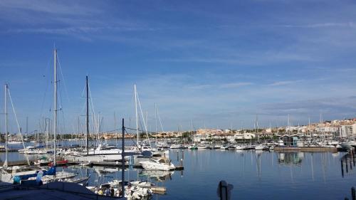 a bunch of boats docked in a harbor at La Voile D' Or in Cap d'Agde