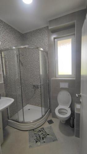 a bathroom with a shower and a toilet and a window at Apartman PETRA Green Hill in Sutomore