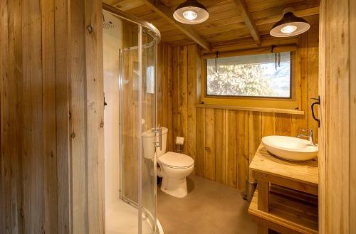 a bathroom with a toilet and a sink at Sweeney Farm Glamping in Oswestry