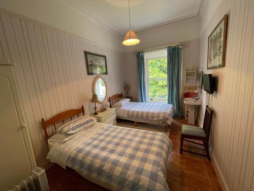 1 dormitorio con 2 camas, lavabo y ventana en Glenmore House B&B Mullingar, en Mullingar