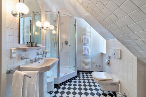 La salle de bains est pourvue d'un lavabo, de toilettes et d'une douche. dans l'établissement Schloss Rattey, à Schönbeck