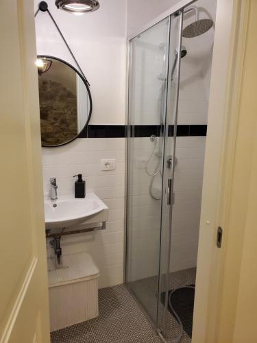a bathroom with a sink and a shower at Casa canadesi in Costarainera