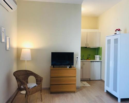 羅達的住宿－Kappa & Lamda Apartments，客厅配有木梳妆台上的电视