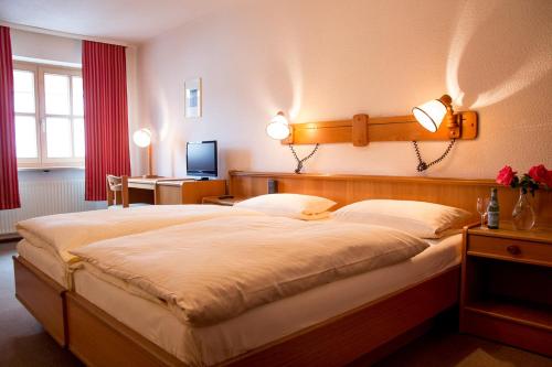 um quarto com uma cama grande e uma televisão em Hotel zur Post Garni em Dietfurt