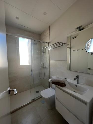 La salle de bains est pourvue de toilettes, d'un lavabo et d'une douche. dans l'établissement Híspalis Casa Palacio Ático, à Séville