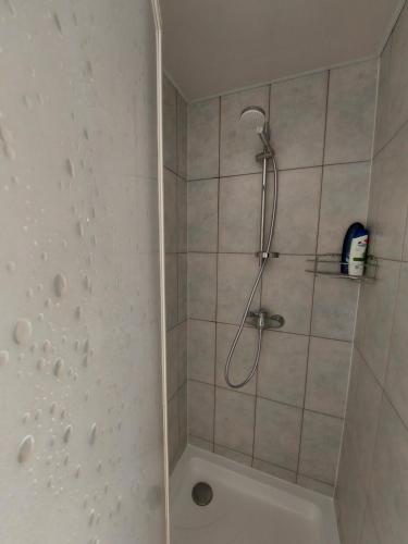 a shower with a shower head in a bathroom at Namelis ir marios in Nida