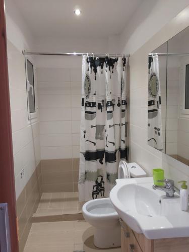 a bathroom with a sink and a toilet and a shower at Frodo Studios in Kavos