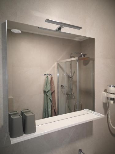 a mirror in a bathroom with a shower at Apartments Tim in Portorož