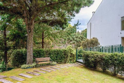 a bench sitting next to a tree in a yard at Aconchegante apartamento em Campos do Jordão, região Capivari - PET friendly# in Campos do Jordão