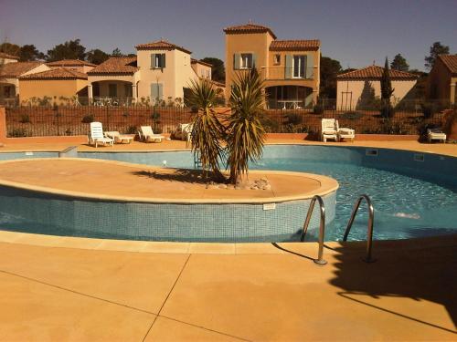 uma piscina com uma palmeira em frente a uma casa em Chez Tranquille, Apartment 43 em Montblanc