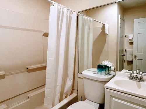 uma casa de banho com um WC, um lavatório e um chuveiro em Copley House Extended Stay em Boston