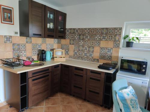 a kitchen with a sink and a counter top at Krisztina Vendégház Leányfalu - Különálló - itt csak Ti vagytok in Leányfalu
