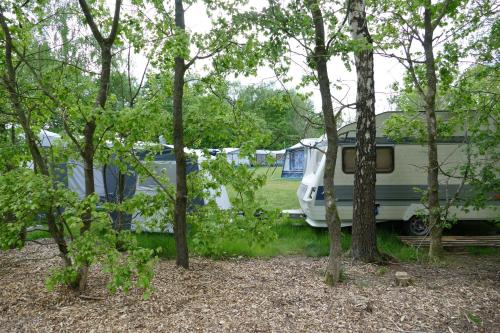 a camper parked in a field next to trees at Lege Kampeerplaats + Prive Sanitair, Camping Alkenhaer in Appelscha