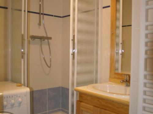 une salle de bain avec douche et lavabo dans l'établissement 3 pièces au pied des pistes avec balcon et casier à skis - FR-1-557-84, à Les Adrets