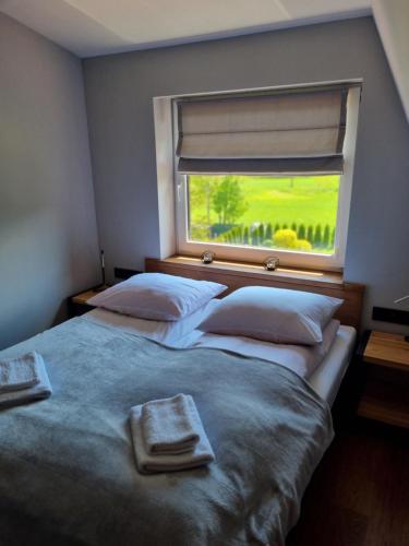 two twin beds in a room with a window at APARTAMENTY JEDYNE TAKIE.... in Ustroń