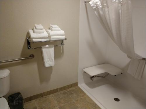 a bathroom with a shower and a toilet and towels at Cobblestone Inn & Suites - Monticello in Monticello