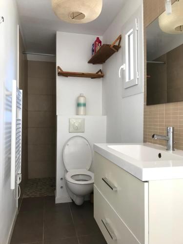 une salle de bain avec des toilettes blanches et un lavabo dans l'établissement Appartement climatisé avec terrasse, à Carcassonne