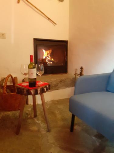 een woonkamer met een bank en een tafel met een fles wijn bij Chalet Tessa BELLAGIO in Bellagio