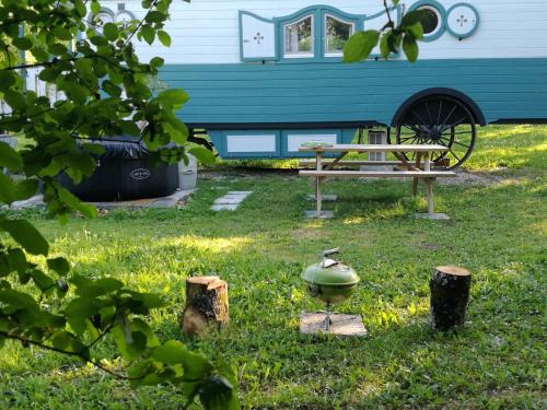 a bird standing in the grass next to a picnic table at Gîtes Les Perouilles - La Roulotte Climatisée avec Jacuzzi de Josépha in Puymiclan
