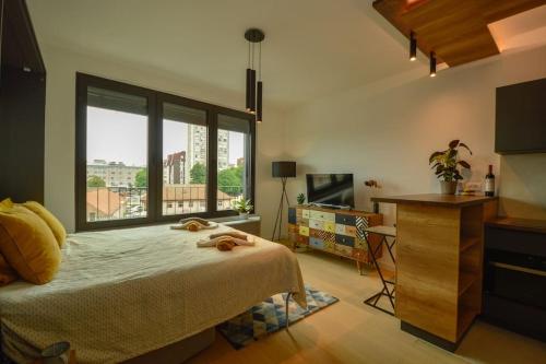Un dormitorio con una cama y una ventana grande. en STUDIO K district (central BG+private parking), en Belgrado