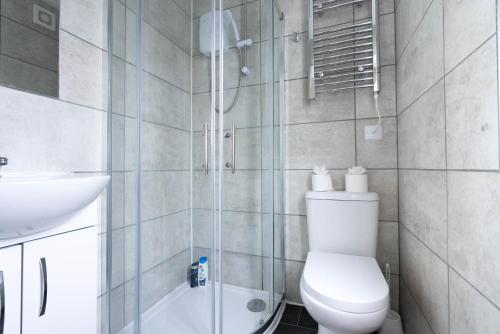 y baño con aseo, lavabo y ducha. en Flat 03 Studio flat near Aylesbury Station Free Parking, en Buckinghamshire