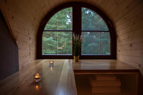 a room with a large window and a potted plant at SASKI ZAKĄTEK, WAKACJE W BAJKOWYM DOMKU!!! MAZURY, SAUNA, JEZiORO, POMOST, in Sasek Mały