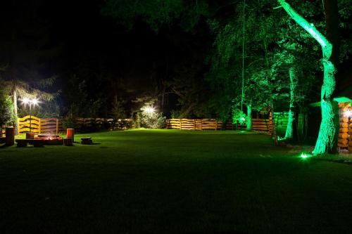 a park lit up at night with green lights at SASKI ZAKĄTEK, WAKACJE W BAJKOWYM DOMKU!!! MAZURY, SAUNA, JEZiORO, POMOST, in Sasek Mały