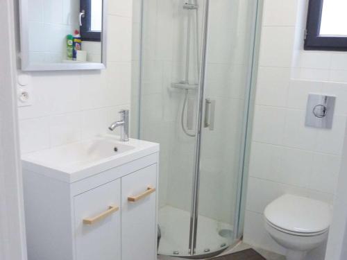 une salle de bain avec une douche, un lavabo et des toilettes dans l'établissement Appartement T2 rénové, climatisé, avec terrasse et parking, proche plage - FR-1-387-166, à Marseillan