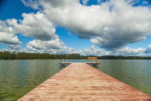 a wooden dock on a lake with a bench on it at SASKI ZAKĄTEK, WAKACJE W BAJKOWYM DOMKU!!! MAZURY, SAUNA, JEZiORO, POMOST, in Sasek Mały