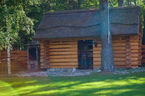 a log cabin with a door and a tree at SASKI ZAKĄTEK, WAKACJE W BAJKOWYM DOMKU!!! MAZURY, SAUNA, JEZiORO, POMOST, in Sasek Mały