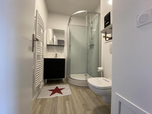 - une salle de bains pourvue d'une douche et de toilettes. dans l'établissement Studio neuf en front de mer avec terrasse et parking, idéal pour 3 personnes - FR-1-474-147, à Arcachon