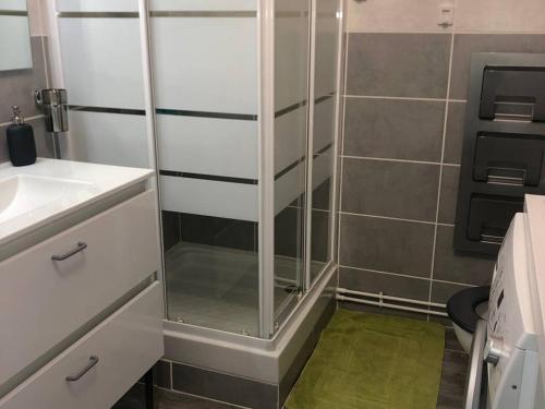 une salle de bain avec une douche en verre et un lavabo dans l'établissement Appartement 2 pièces climatisé, parking privé, proche plage - FR-1-81-535, à Port-Leucate